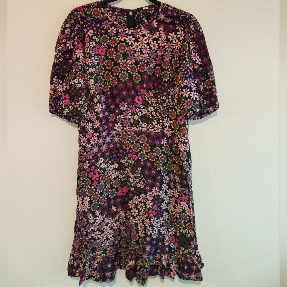 Shan Purple Floral Silk Blend Smocked Ruffle Sleeve Mini Dress